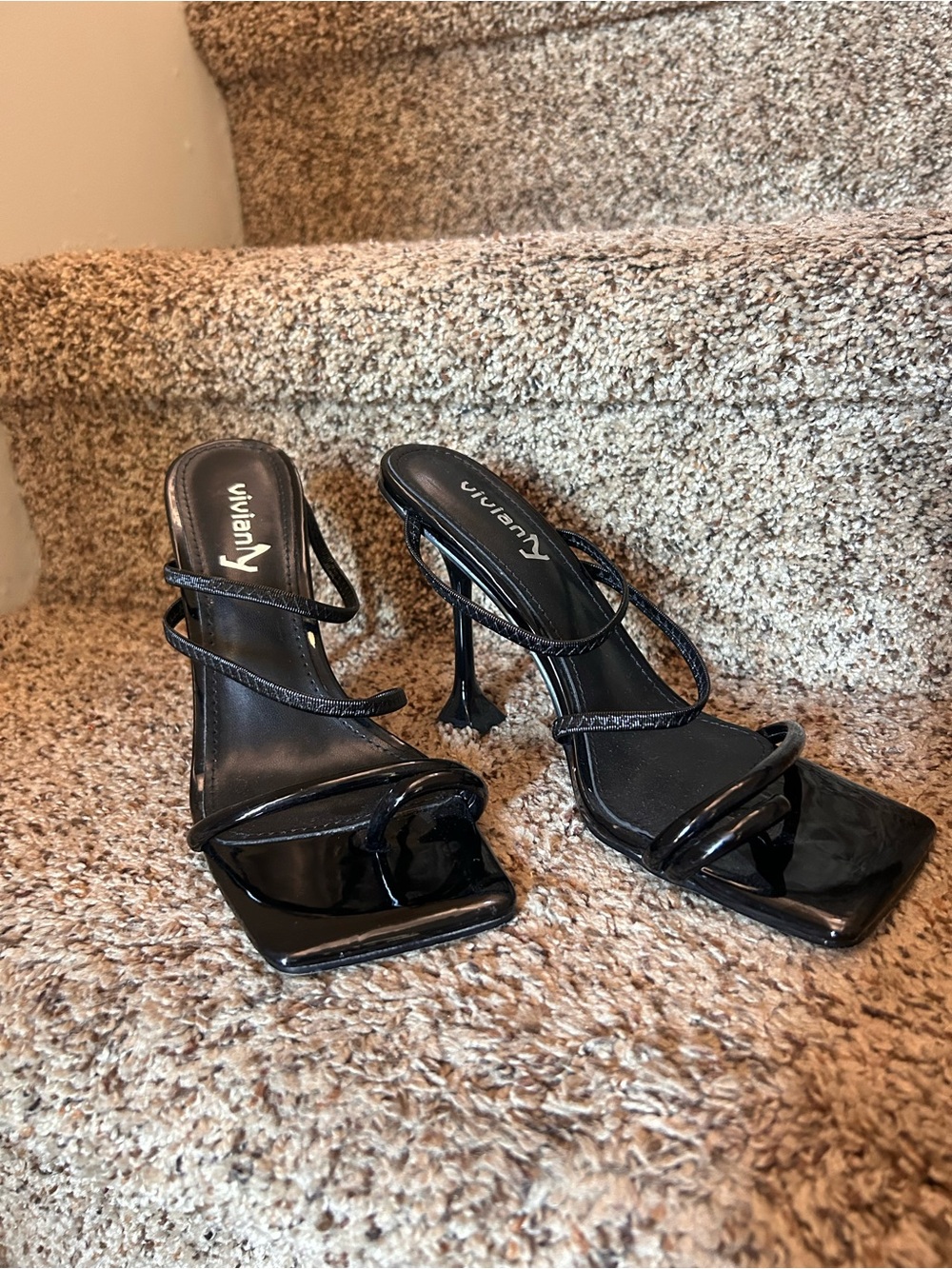 Viviana Shiny Black Patent Strappy Square-Toe Heels